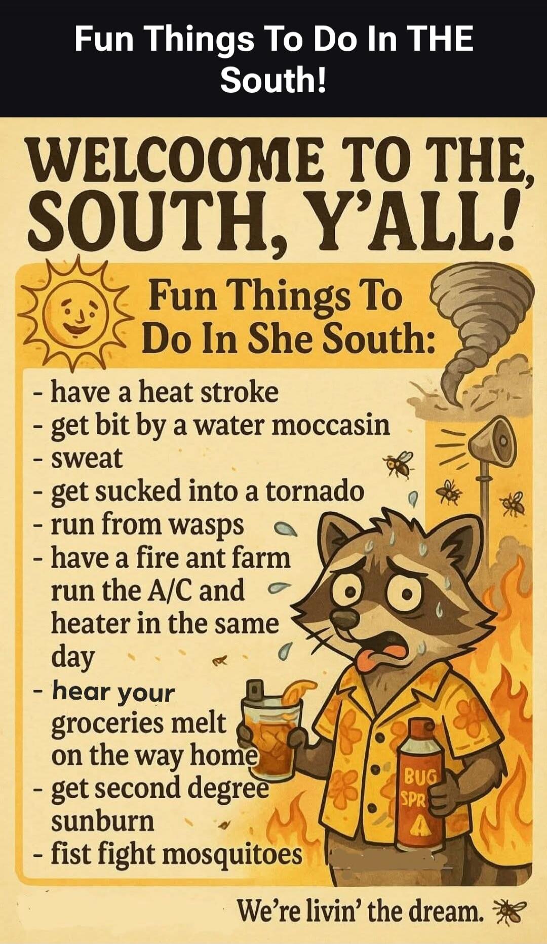 Fun Things To Do In THE South!
WELCOME TO THE SOUTH, Y'ALL!
Fun Things To Do In She South:
- have a heat stroke
- get bit by a water moccasin
- sweat
- get sucked into a tornado
- run from wasps
- have a fire ant farm
- run the A/C and heater in the same day
- hear your groceries melt on the way home
- get second degree sunburn
- fist fight mosquitoes
We're livin' the dream.
