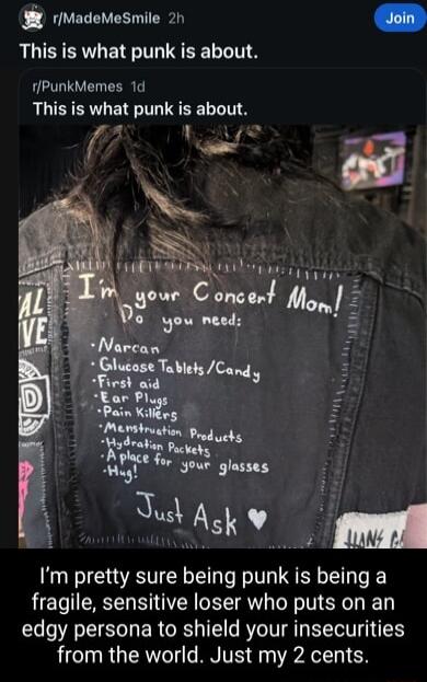 rMadeMeSmile 2h This is what punk is about 1PunkMemes 1d This is what punk is about Vi Im pretty sure being punk is being a fragile sensitive loser who puts on an edgy persona to shield your insecurities from the world Just my 2 cents