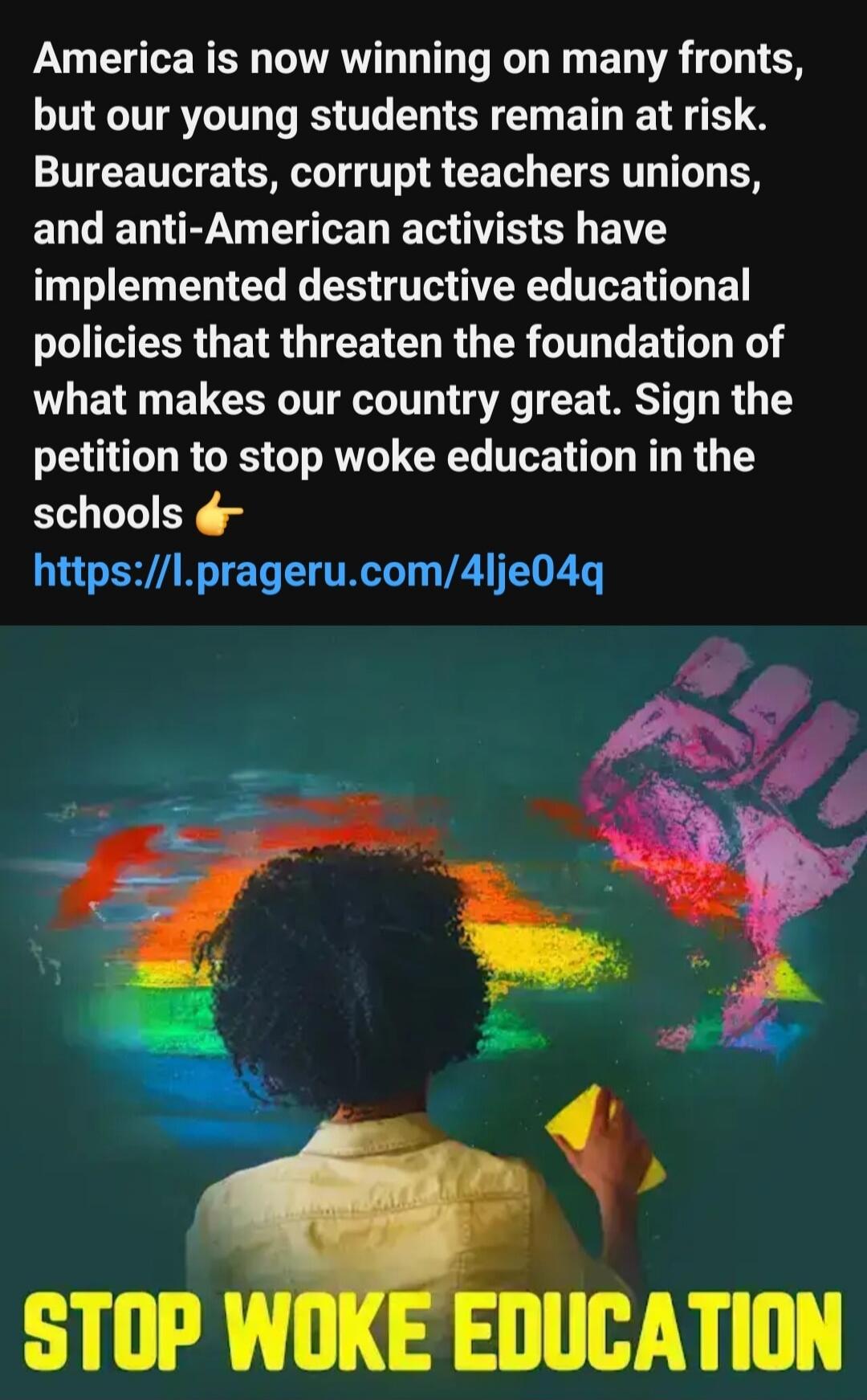 America is now winning on many fronts, but our young students remain at risk. Bureaucrats, corrupt teachers unions, and anti-American activists have implemented destructive educational policies that threaten the foundation of what makes our country great. Sign the petition to stop woke education in the schools. STOP WOKE EDUCATION.