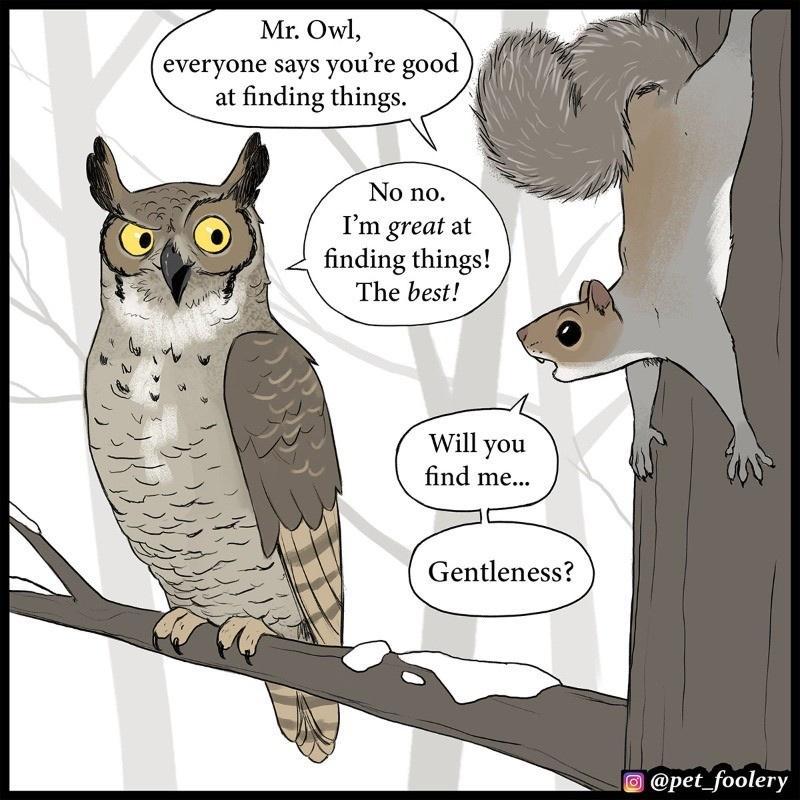 Mr Owl everyone says youre good at finding things No no Im great at finding things The best B pet_foolery