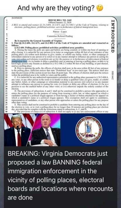 And why are they voting? 🤔

[Image of a Virginia House Bill (HB 1442 or similar) with dense legal text about elections, polling places, and related restrictions]

BREAKING: Virginia Democrats just proposed a law BANNING federal immigration enforcement in the vicinity of polling places, electoral boards and locations where recounts are done

Session