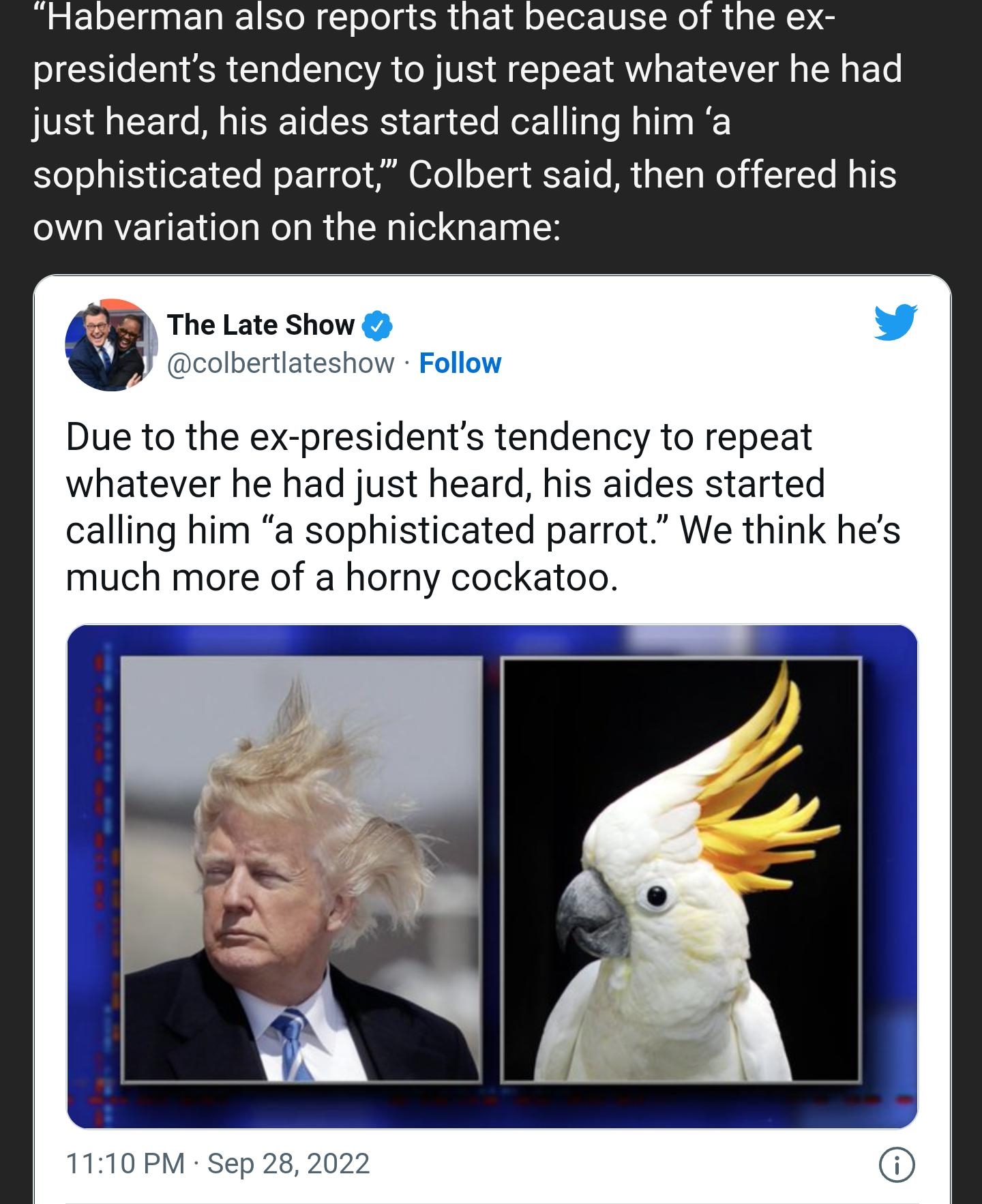 Haberman also reports that because of the ex presidents tendency to just repeat whatever he had just heard his aides started calling him a sophisticated parrot Colbert said then offered his GREUETL LRGN G E D The Late Show colbertlateshow Follow Due to the ex presidents tendency to repeat whatever he had just heard his aides started calling him a sophisticated parrot We think hes much more of a ho