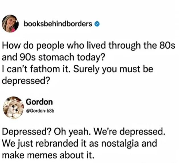 How do people who lived through the 80s and 90s stomach today? I can't fathom it. Surely you must be depressed? Depressed? Oh yeah. We're depressed. We just rebranded it as nostalgia and make memes about it.