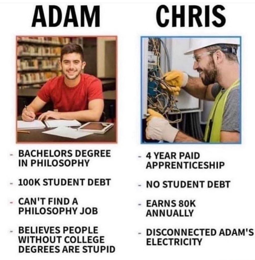 BACHELORS DEGREE IN PHILOSOPHY 100K STUDENT DEBT CANTFIND A PHILOSOPHY JOB BELIEVES PEOPLE WITHOUT COLLEGE DEGREES ARE STUPID 4 YEAR PAID APPRENTICESHIP NO STUDENT DEBT EARNS 80K ANNUALLY DISCONNECTED ADAMS ELECTRICITY