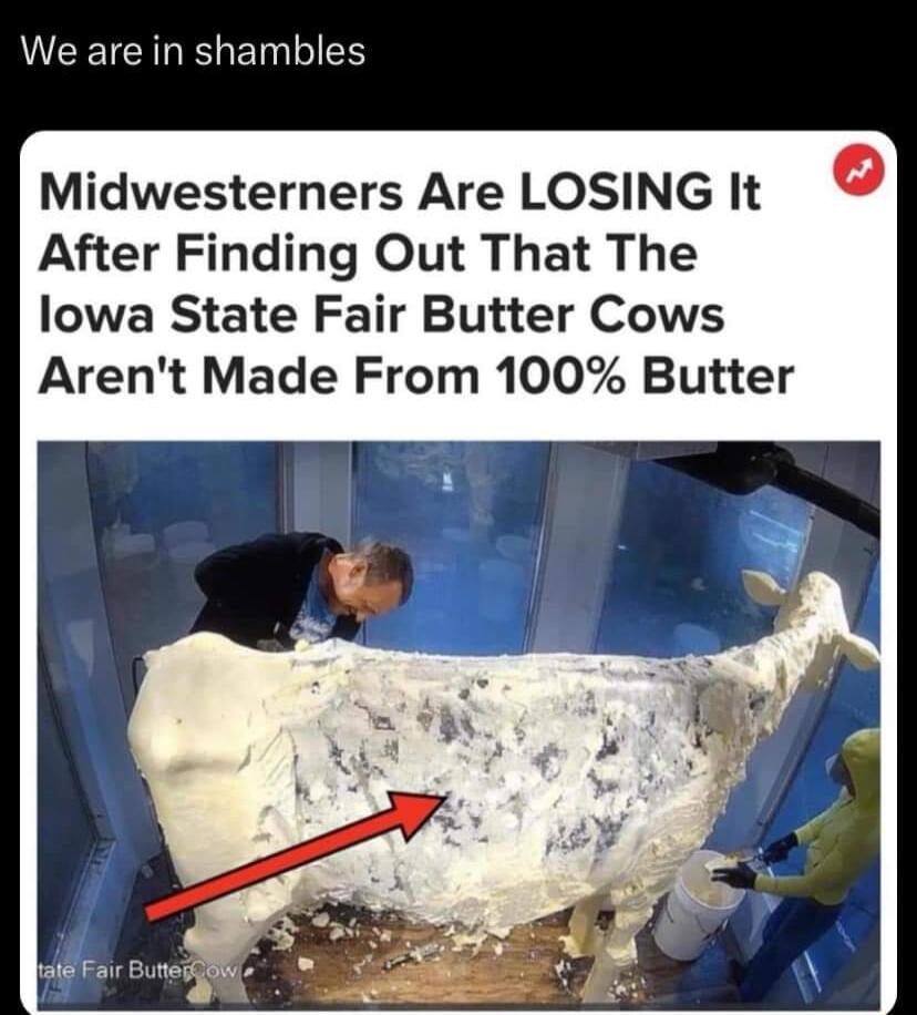 UEEICIELEES Midwesterners Are LOSING It After Finding Out That The lowa State Fair Butter Cows Arent Made From 100 Butter
