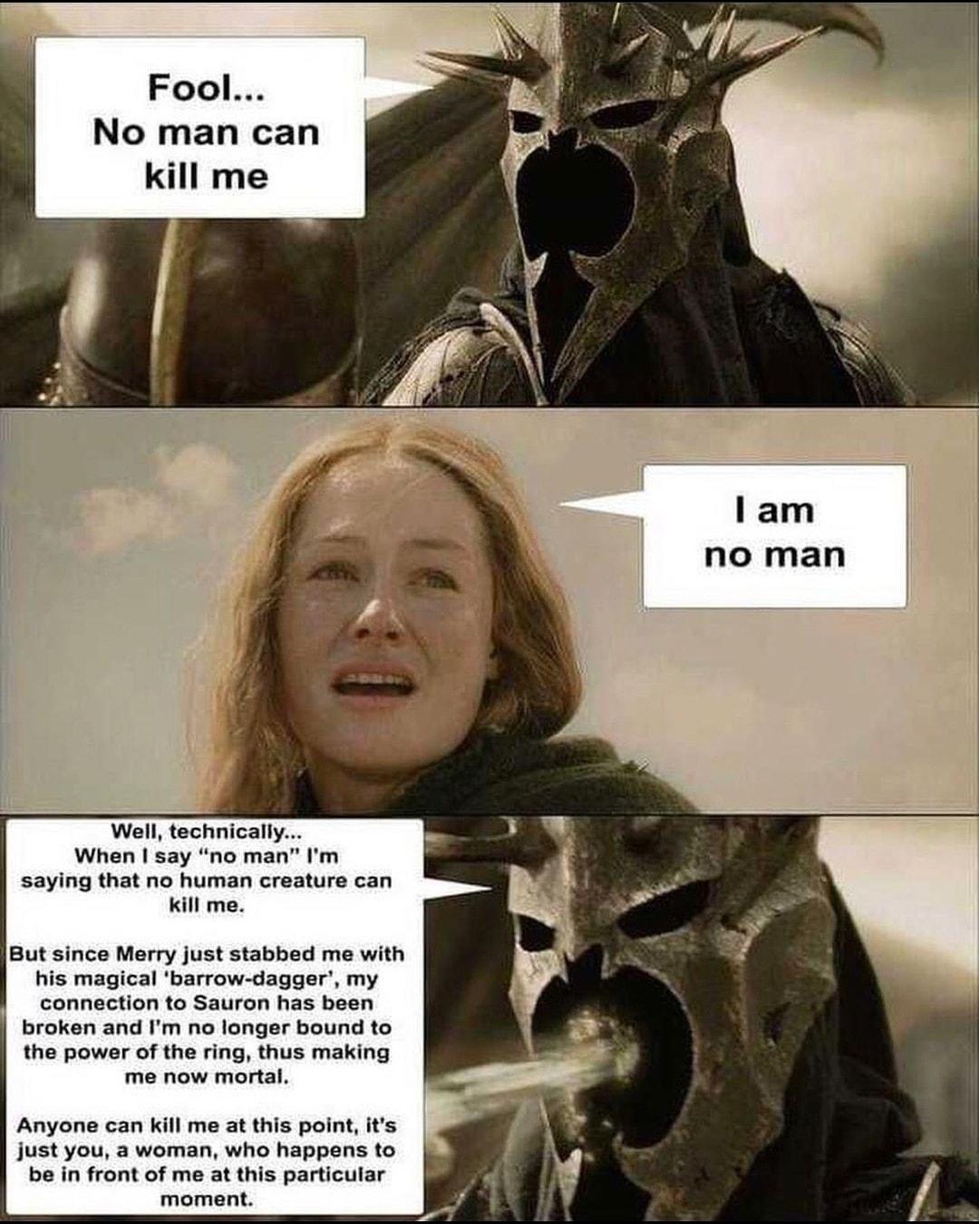 Fool No man can kill me Well technically When say no man Im saying that no human creature can kill me But since Merry just stabbed me with his magical barrow dagger my connection to Sauron has been broken and Im no longer bound to the power of the ring thus making me now mortal Anyone can kill me at this point its just you a woman who happens to be in front of me at this particular moment