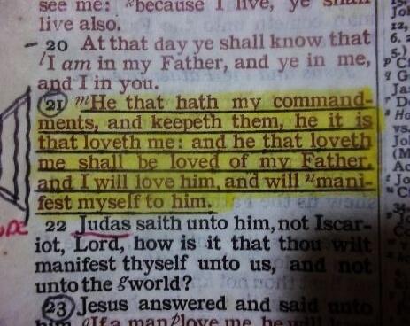 He that hath my commandments, and keepeth them, he it is that loveth me: and he that loveth me shall be loved of my Father, and I will love him, and will manifest myself to him.