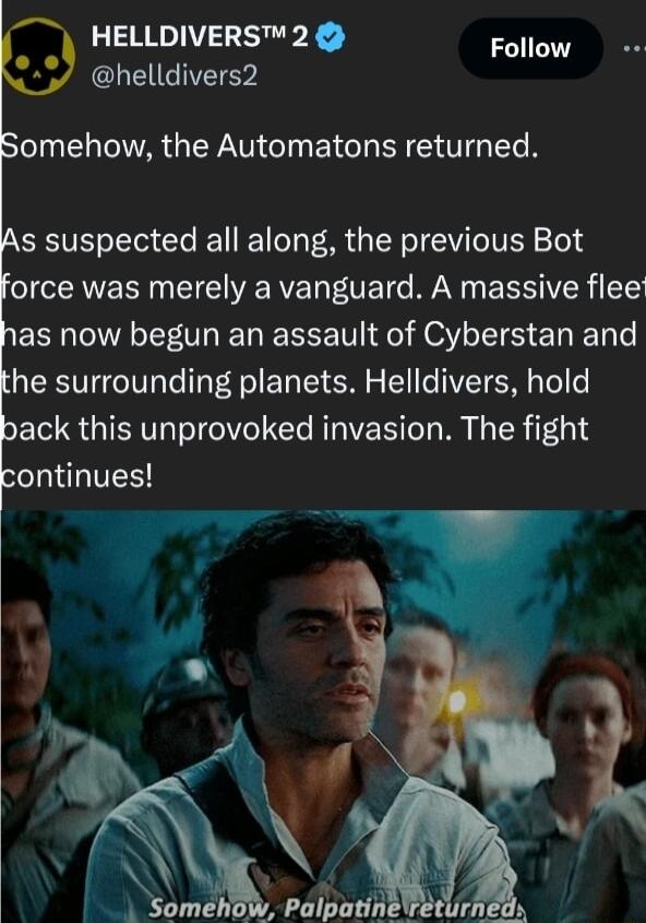 HELLDIVERS 2 Follow helldivers2 omehow the Automatons returned s suspected all along the previous Bot force was merely a vanguard A massive flee as now begun an assault of Cyberstan and he surrounding planets Helldivers hold ack this unprovoked invasion The fight SIS