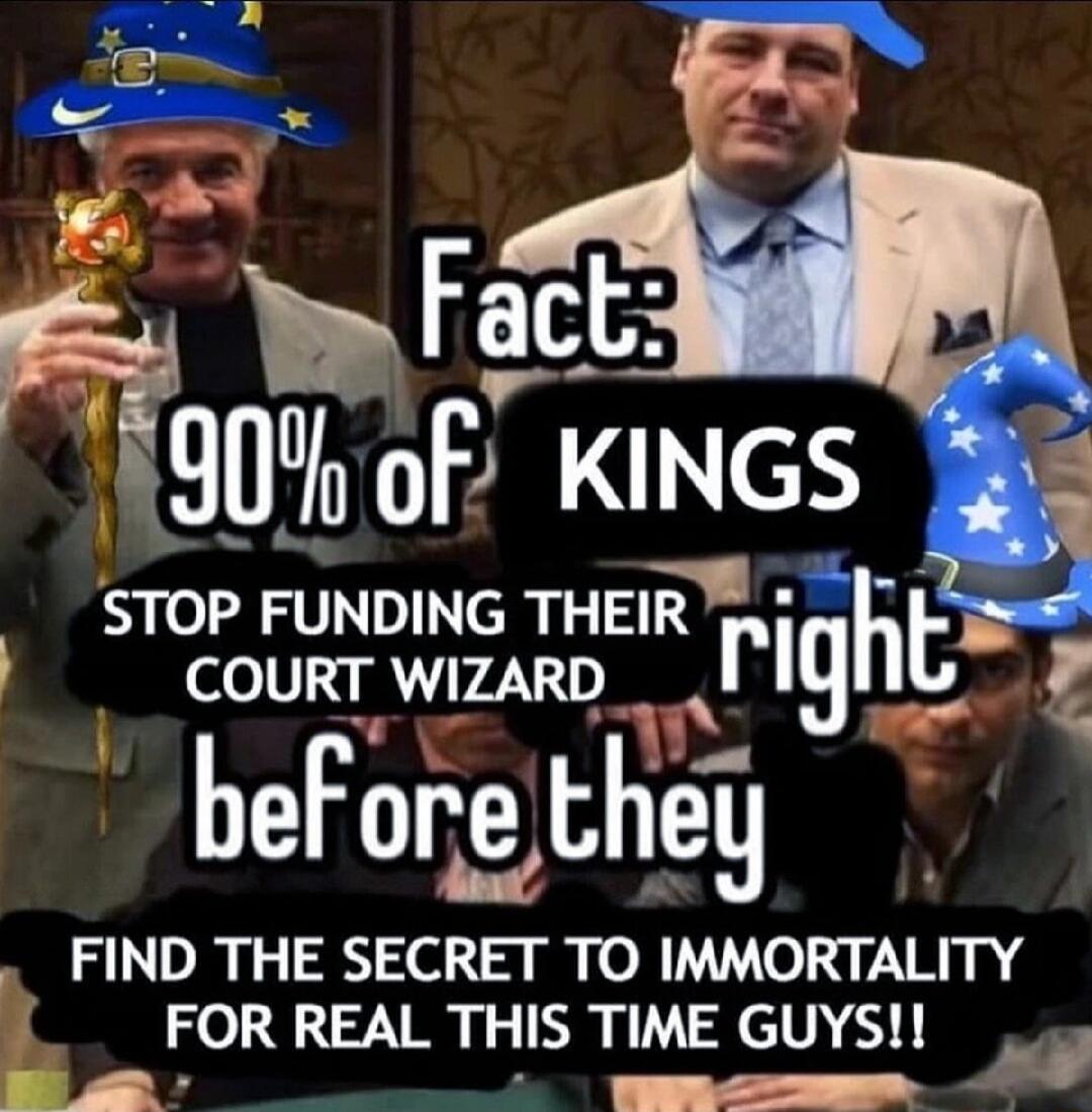 STOP FUNDING THEIR o COURT WIZARD g beFore they FIND THE SECRET TO IMMORTALITY FOR REAL THIS TIME GUYS e R
