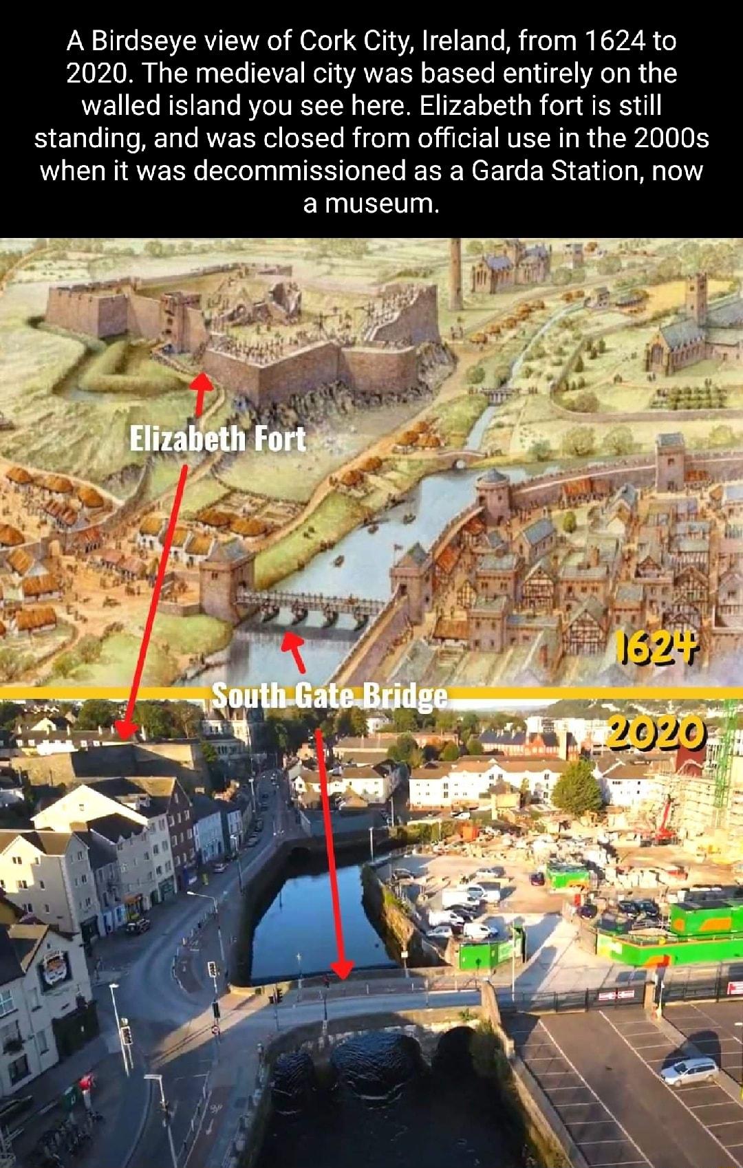 A Birdseye view of Cork City Ireland from 1624 to 2020 The medieval city was based entirely on the walled island you see here Elizabeth fort is still standing and was closed from official use in the 2000s when it was decommissioned as a Garda Station now a museum