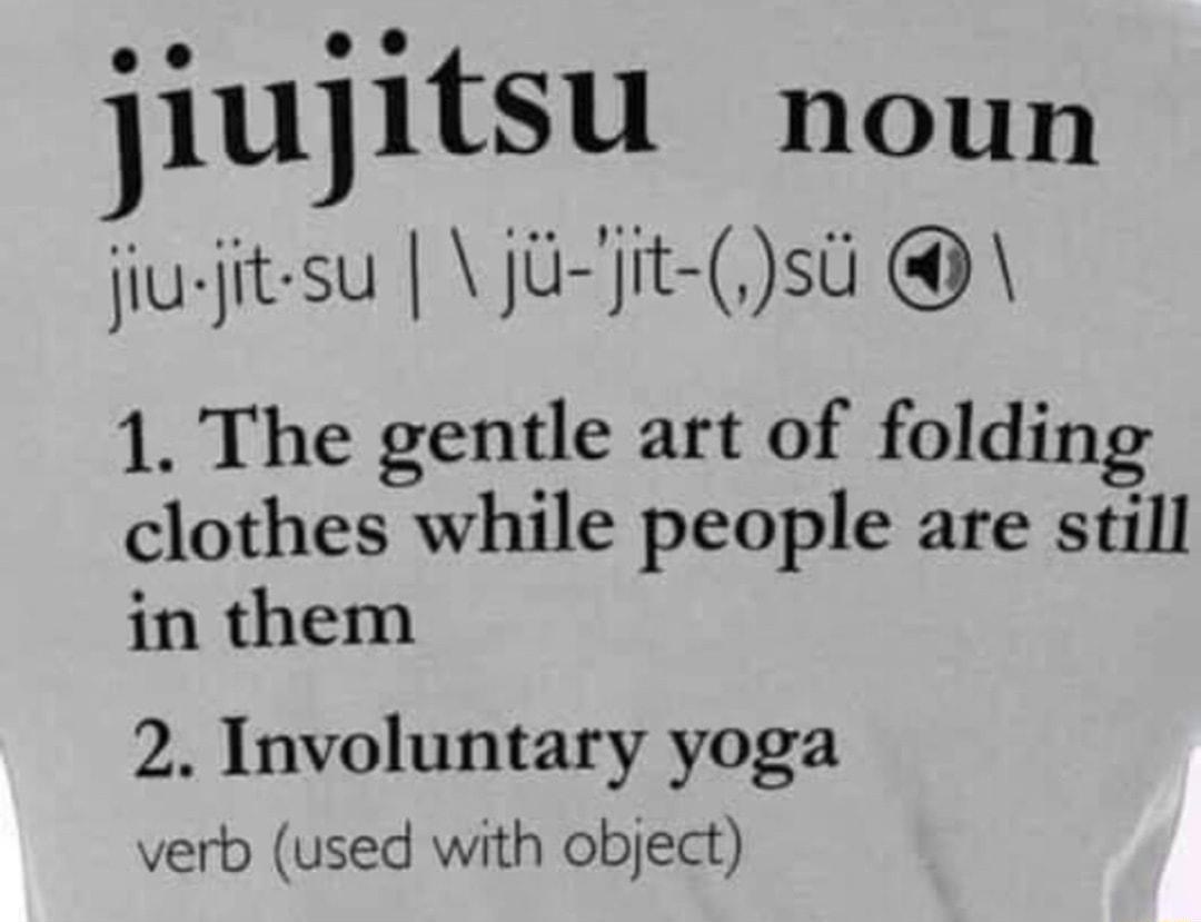 jlujitsu noun jiusjit su ja jit st 1 The gentle art of folding clothes while people are still in them 2 Involuntary yoga verb used with object