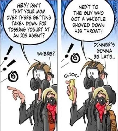 HEY! ISN'T THAT YOUR MOM OVER THERE GETTING TAKEN DOWN FOR TOSSING YOGURT AT AN ICE AGENT? WHERE? NEXT TO THE GUY WHO GOT A WHISTLE SHOVED DOWN HIS THROAT! DINNER'S GONNA BE LATE...