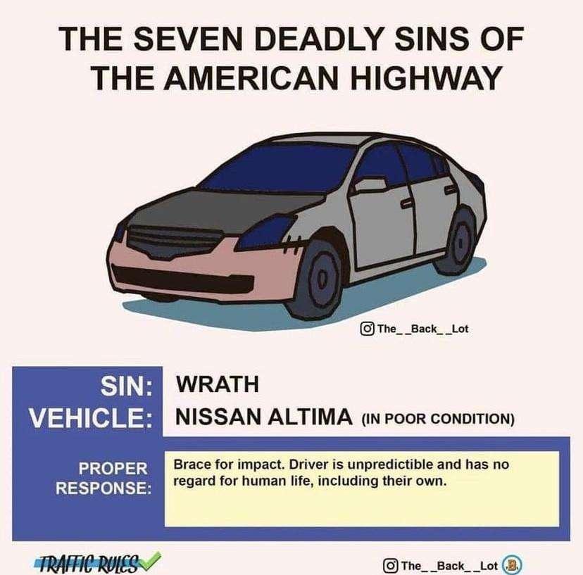 THE SEVEN DEADLY SINS OF THE AMERICAN HIGHWAY 1 WRATH A56 RS NISSAN ALTIMA N POOR CONDITION Il Brace for impactDriver is unpredictible and has no PSSl regard for human ife including their own