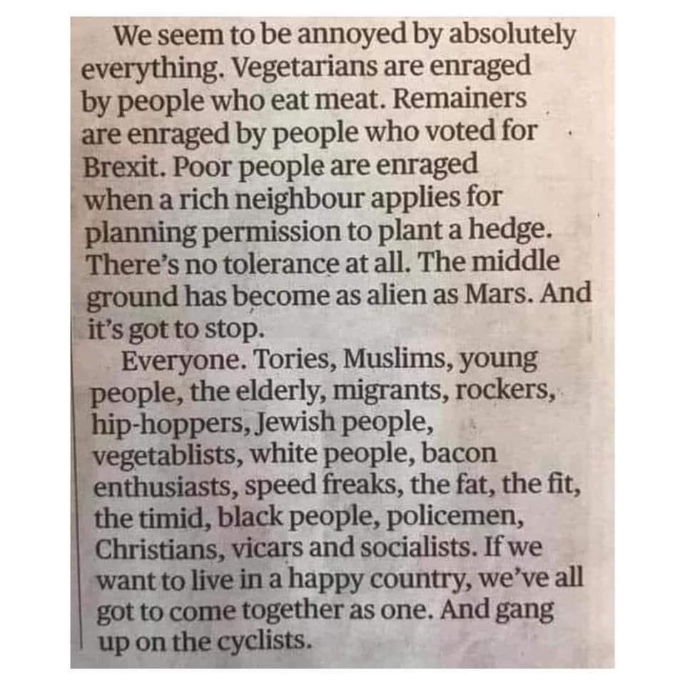 We seem to be annoyed by absolutely everything Vegetarians are enraged by people who eat meat Remainers e enraged by people who voted for t Poor people are enraged rich neighbour applies for s permimon to plant a hedge Everyone Tories Muslims young elderly mlgrants rockers