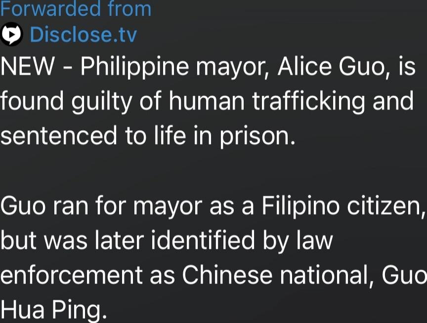 NEW - Philippine mayor, Alice Guo, is found guilty of human trafficking and sentenced to life in prison.

Guo ran for mayor as a Filipino citizen, but was later identified by law enforcement as Chinese national, Guo Hua Ping.