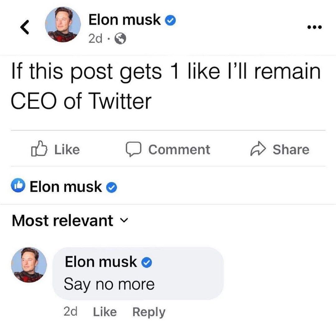 Elon musk If this post gets 1 like Ill remain CEO of Twitter o Like D comment Share Elon musk Most relevant v Elon musk Say no more 2d Like Reply
