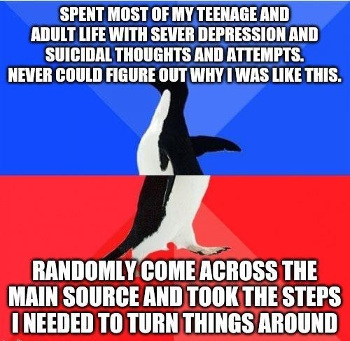 SPENT MOST OF MY TEENAGE AND ADULT LIFE WITH SEVER DEPRESSION AND SUICIDAL THOUGHTS AND ATTEMPTS NEVER COULD FIGURE OUT WHY WAS LIKE THIS RANDOMLY COMEACROSS THE MAIN SOURCE AND TOOK THE STEPS I NEEDED TO TURN THINGS AROUND