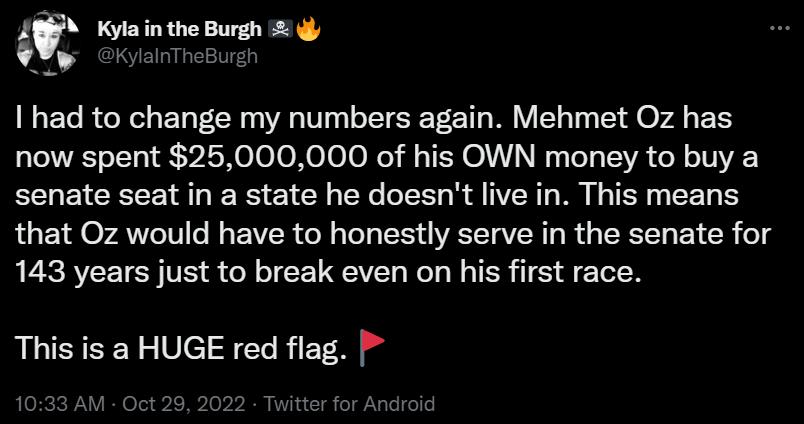 Kyla n the Burgh W somesmy had to change my numbers again Mehmet Oz has now spent 25000000 of his OWN money to buy a senate seat in a state he doesnt live in This means LUE O AT R EVER G CEEE e RGN BT CR 143 years just to break even on his first race This is a HUGE red flag P