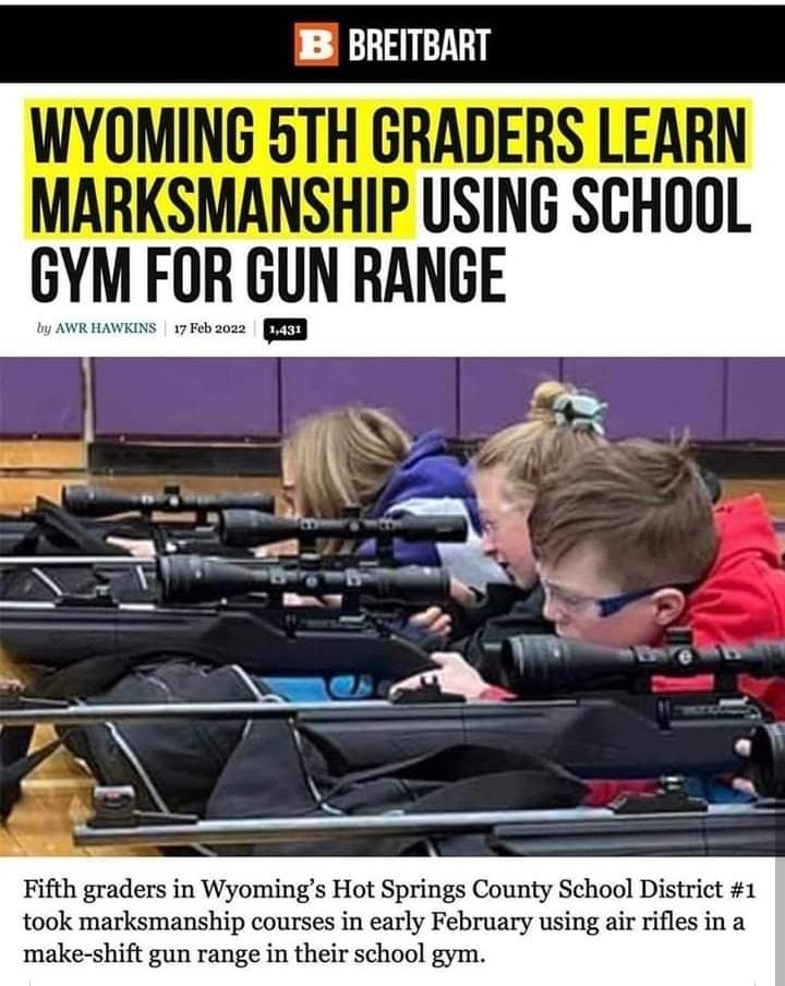 216 R Q Bl BREITBART WYOMING 5TH GRADERS LEARN MARKSMANSHIP USING SCHOOL e A HDE Fifth graders in Wyomings Hot Springs County School District 1 took marksmanship courses in early February using air rifles in a make shift gun range in their school gym O Ub Like D Comment Share Write a comment 11 O x