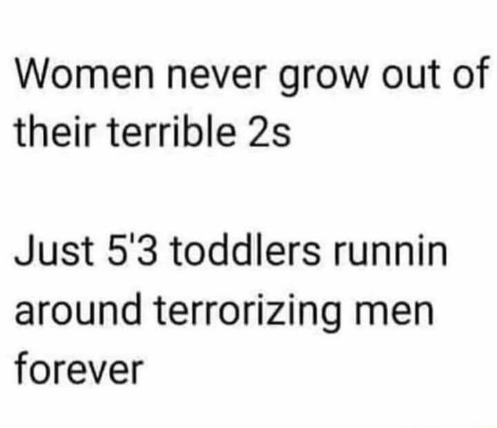 Women never grow out of their terrible 2s Just 53 toddlers runnin around terrorizing men forever