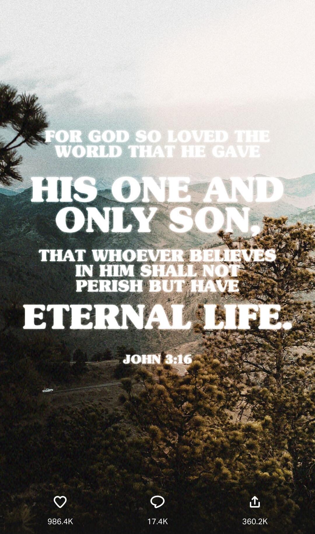 FOR GOD SO LOVED THE WORLD THAT HE GAVE HIS ONE AND ONLY SON, THAT WHOEVER BELIEVES IN HIM SHALL NOT PERISH BUT HAVE ETERNAL LIFE. JOHN 3:16