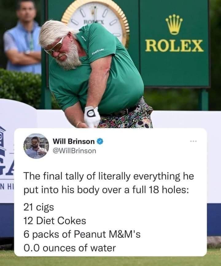 Will Brinson WillBrinson The final tally of literally everything he put into his body over a full 18 holes 21 cigs 12 Diet Cokes 6 packs of Peanut MMs 00 ounces of water