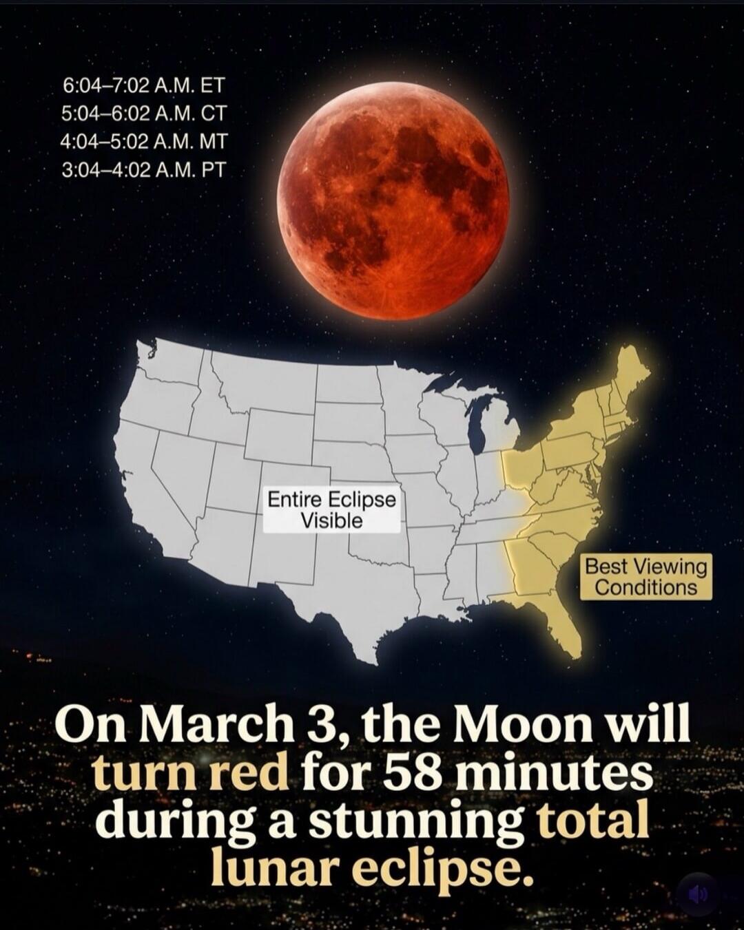 6:04–7:02 A.M. ET\n5:04–6:02 A.M. CT\n4:04–5:02 A.M. MT\n3:04–4:02 A.M. PT\n\nEntire Eclipse Visible\n\nMap: United States with highlighting in the eastern half and labeled areas.\n\nBest Viewing Conditions\n\nOn March 3, the Moon will turn red for 58 minutes during a stunning total lunar eclipse.