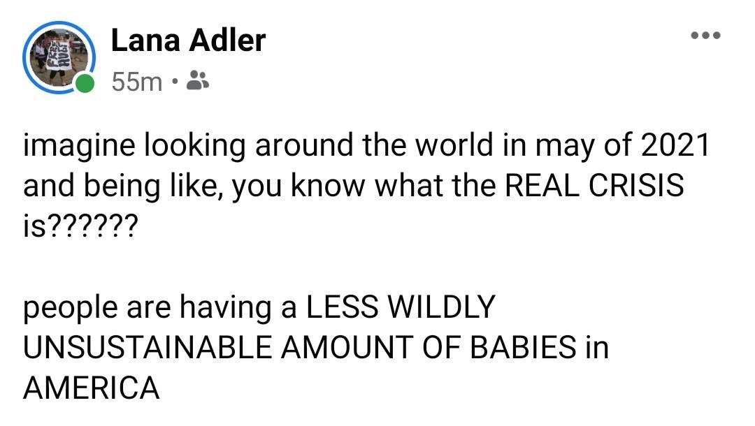 Lana Adler 55m 3 imagine looking around the world in may of 2021 and being like you know what the REAL CRISIS people are having a LESS WILDLY UNSUSTAINABLE AMOUNT OF BABIES in AMERICA