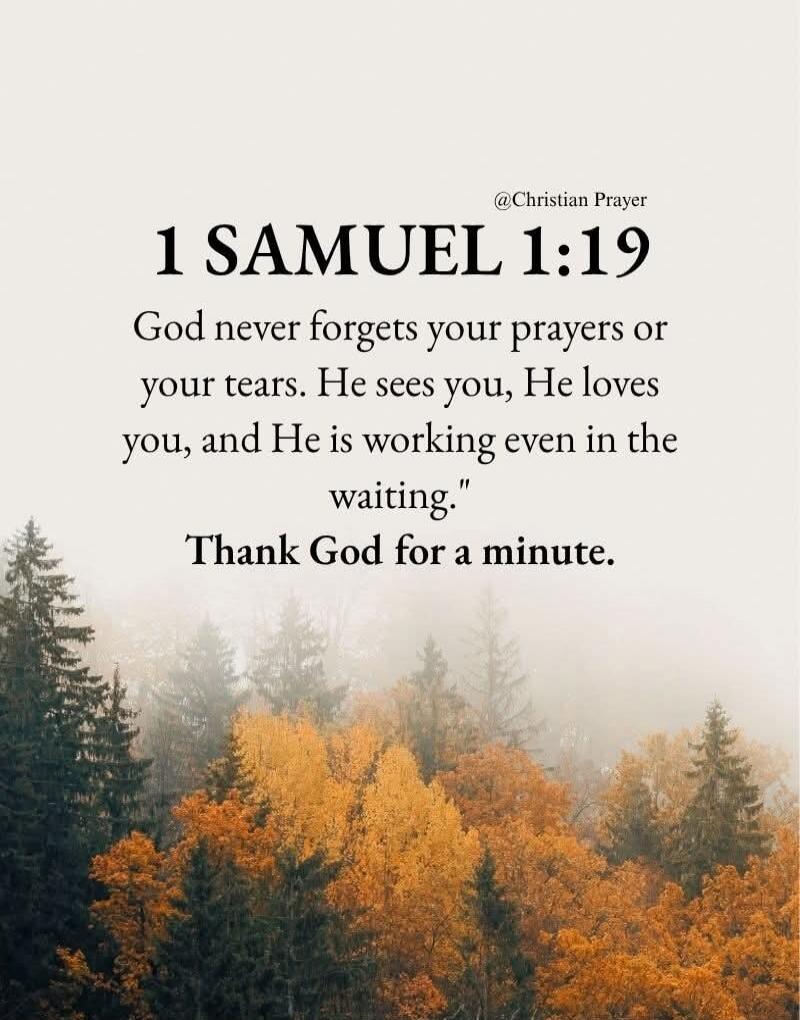 1 SAMUEL 1:19 God never forgets your prayers or your tears. He sees you, He loves you, and He is working even in the waiting.