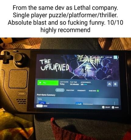 From the same dev as Lethal company Single player puzzleplatformerthriller Absolute blast and so fucking funny 1010 highly recommend