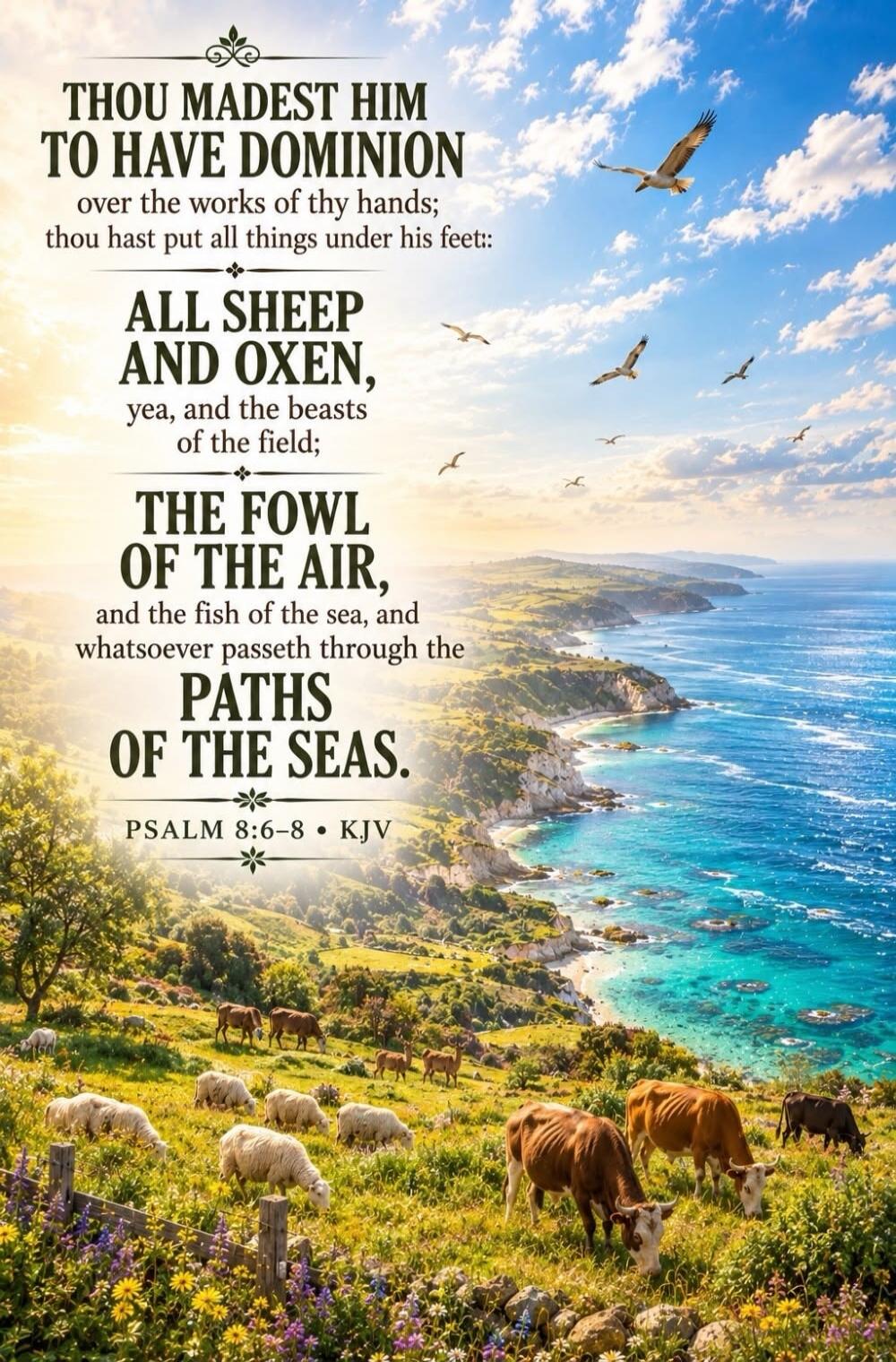 THOU MADEST HIM TO HAVE DOMINION over the works of thy hands; thou hast put all things under his feet: ALL SHEEP AND OXEN, yea, and the beasts of the field; THE FOWL OF THE AIR, and the fish of the sea, and whatsoever passeth through the PATHS OF THE SEAS. PSALM 8:6-8 • KJV