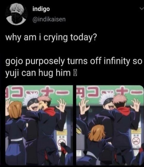 Q indigo U indikaisen WOV IR R L B gojo purposely turns off infinity so yuji can hug him il