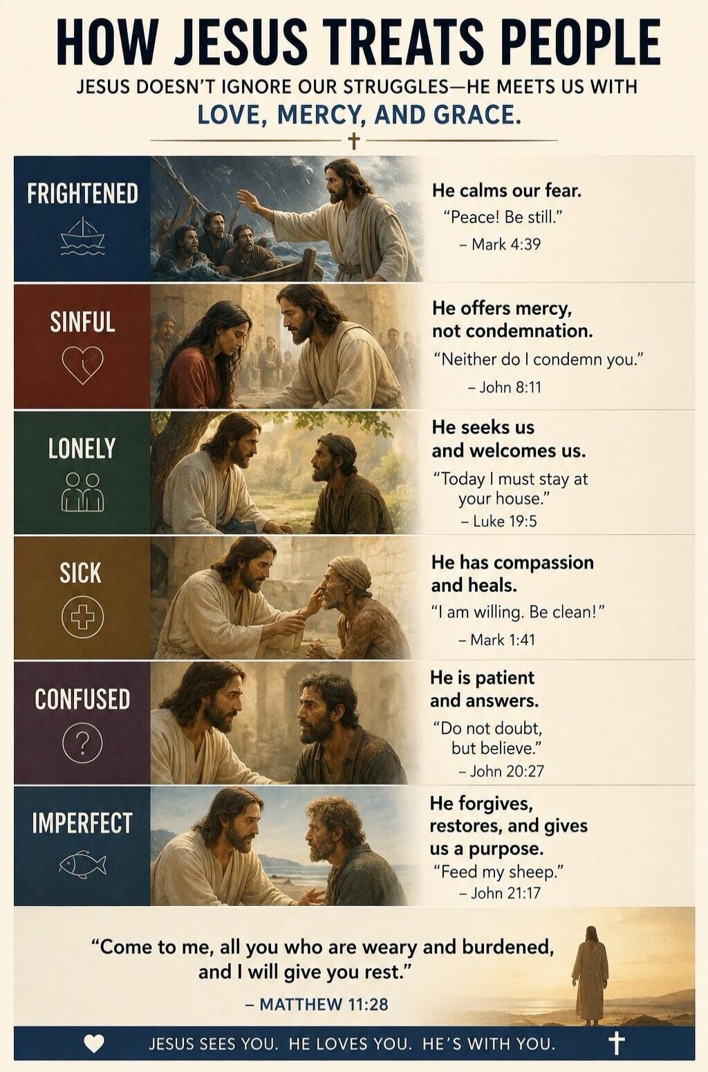 HOW JESUS TREATS PEOPLE JESUS DOESN'T IGNORE OUR STRUGGLES—HE MEETS US WITH LOVE, MERCY, AND GRACE. FRIGHTENED He calms our fear. 