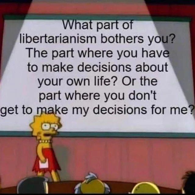 at part o libertarianism bothers y The part where you hav to make decisions about your own life Or the part where you dont get tormake my decisions for me S L