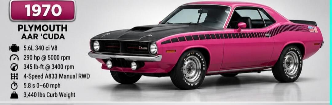 1970 PLYMOUTH AAR 'CUDA 5.6L 340 ci V8 290 hp @ 5000 rpm 345 lb-ft @ 3400 rpm 4-Speed A833 Manual RWD 5.8 s 0-60 mph 3,440 lbs Curb Weight