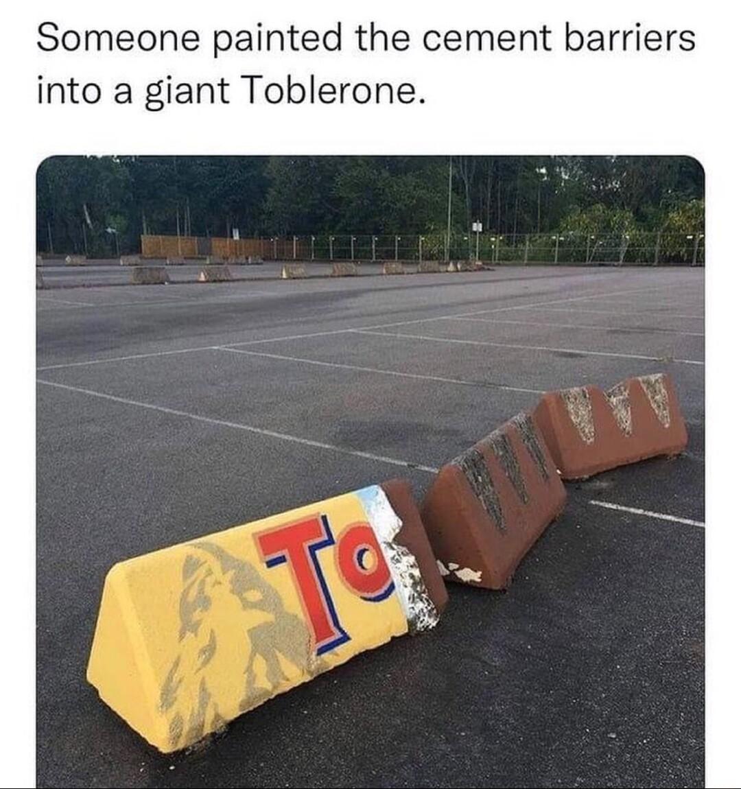 Someone painted the cement barriers into a giant Toblerone