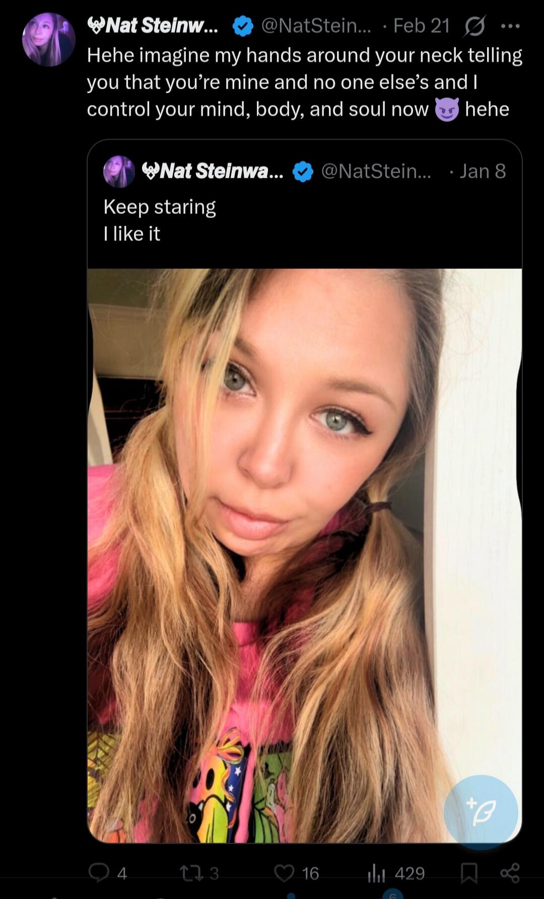 Hehe imagine my hands around your neck telling you that you're mine and no one else's and I control your mind, body, and soul now 😈 hehe Keep staring I like it