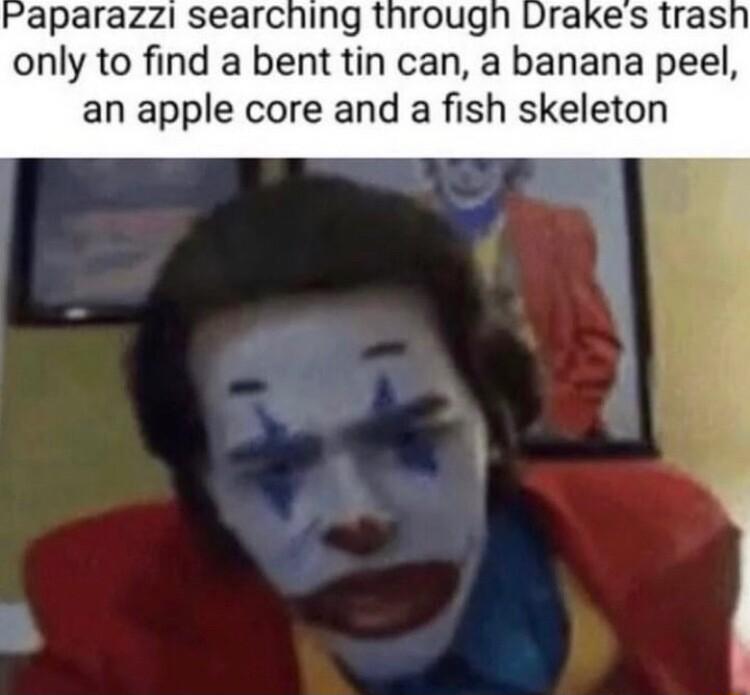 Paparazzi searching t only to find a bent tin can a banana peel an apple core and a fish skeleton