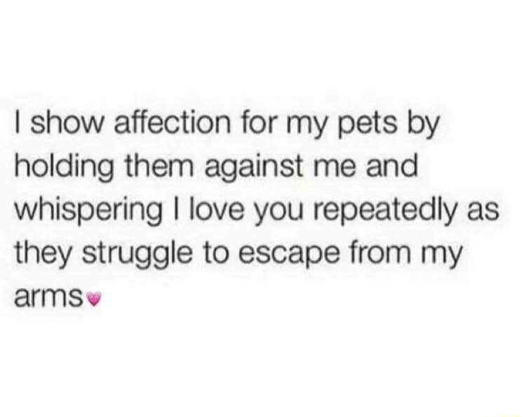 show affection for my pets by holding them against me and whispering love you repeatedly as they struggle to escape from my armse