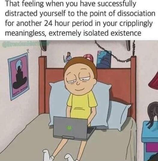 That feeling when you have successfully distracted yourself to the point of dissociation for another 24 hour period in your cripplingly meaningless extremely isolated existence