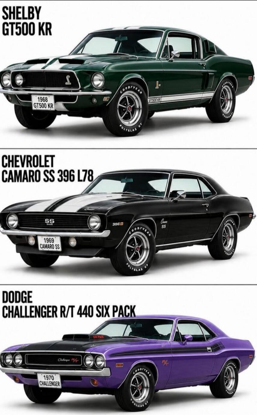 SHELBY GT500 KR 1968. CHEVROLET CAMARO SS 396 L78 1969. DODGE CHALLENGER R/T 440 SIX PACK 1970. Goodyear Polyglas GT tires.