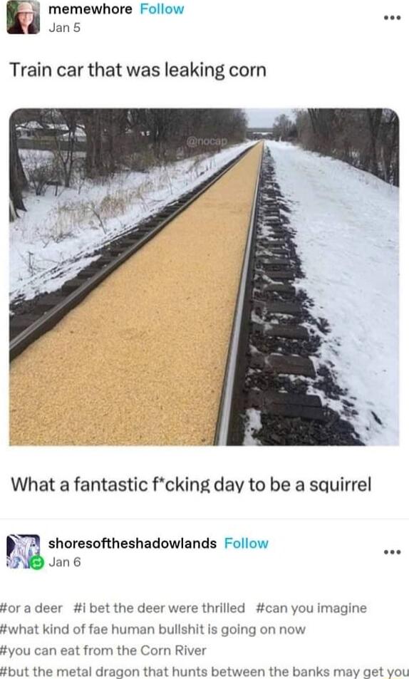 memewhore Follow Jans Train car that was leaking corn What a fantastic fcking day to be a squirrel 7 shoresoftheshadowlands Follow Jan 6 e deer were thrilled can you imagine tora deer ib what kind of fae human bullshit is going on now tyou can eat from the Corn River he banks rr b1 he metal dragon that hunts b