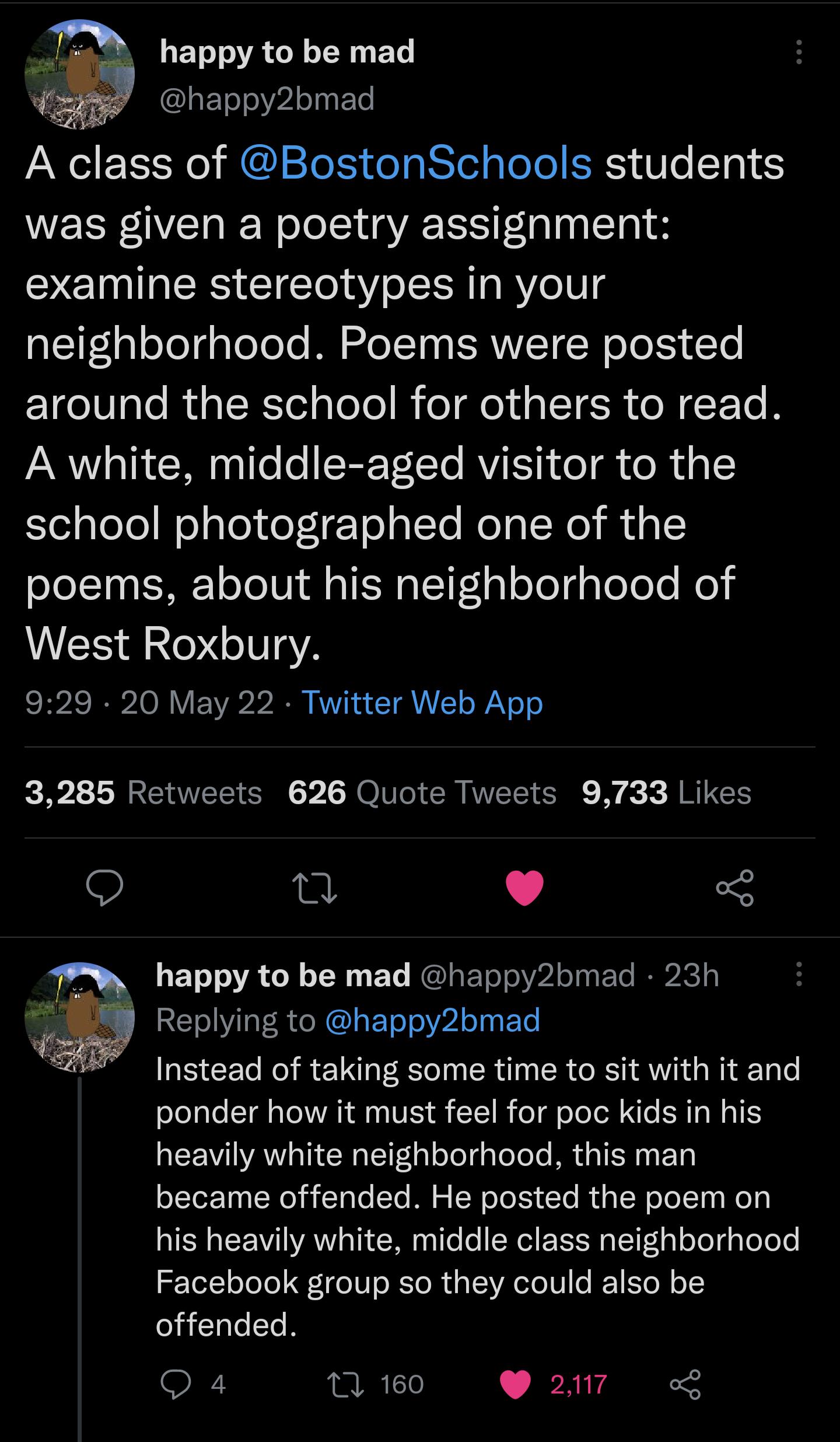 7 h gFToJ o VA ol o I Wpy FoTe y happy2bmad A class MEIETeIS o gboTel gloTol R Wlo ST0 5 was given a poetry assignment examine stereotypes in your neighborhood Poems were posted z1goliale Rual K Yol aTolo R oot o I TER oW T Te B ANV o TR W a1 e o I CRE Tet To RVIST o gh Co R d o school photographed one of the poems about his neighborhood of ISl 2 eVgY2 929 20 May 22 Twitter Web App 3285 Retweets 6