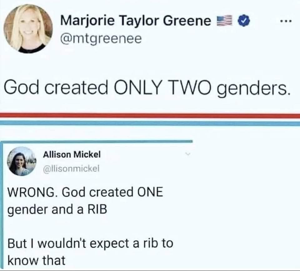 m Marjorie Taylor Greene 2 mtgreenee God created ONLY TWO genders Allison Mickel llisonmickel WRONG God created ONE gender and a RIB But wouldnt expect a rib to know that