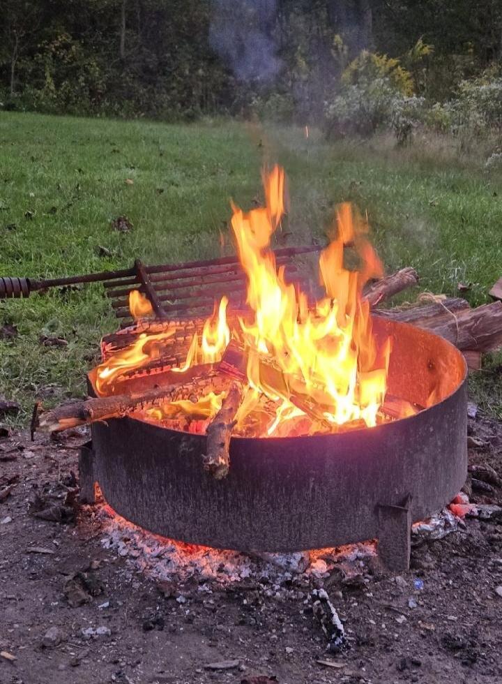 Outdoor bonfire in a round metal fire pit with burning wood.