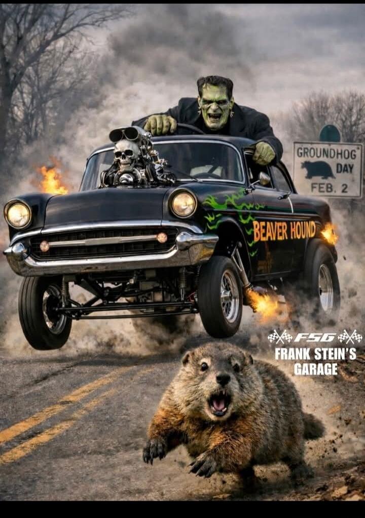 Beaver Hound on the side of the car. Frankenstein-like monster driving a vintage car with a skull engine. Groundhog Day sign in the background. Frank Stein's Garage appears in the corner.