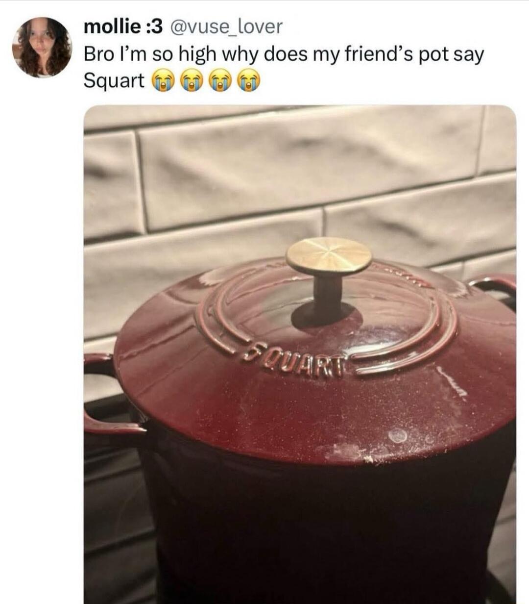 Bro I'm so high why does my friend's pot say Squart 😭😭😭. A red pot with the word 'SQUART' embossed on its lid.