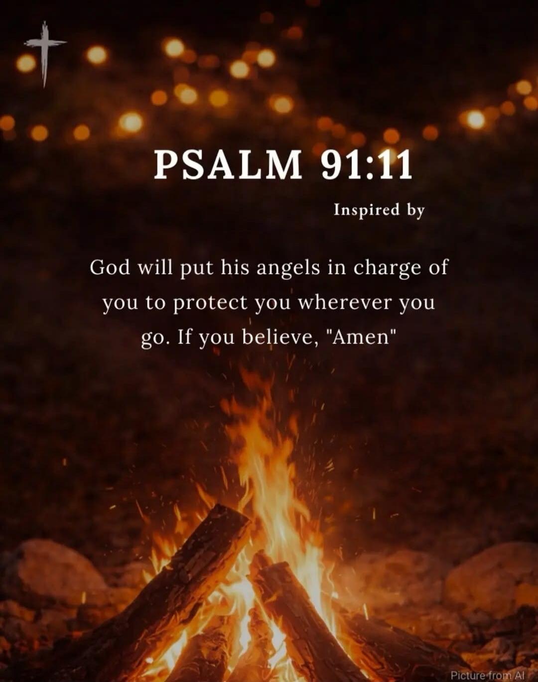 PSALM 91:11 Inspired by God will put his angels in charge of you to protect you wherever you go. If you believe, 