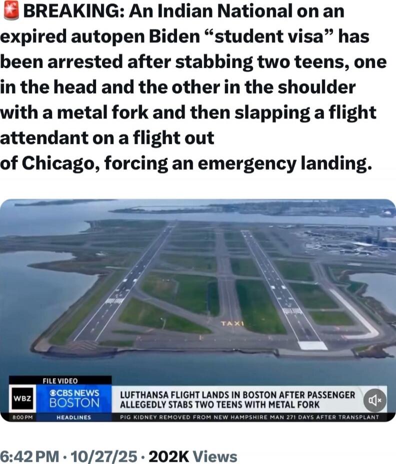 BREAKING: An Indian National on an expired autopen Biden “student visa” has been arrested after stabbing two teens, one in the head and the other in the shoulder with a metal fork and then slapping a flight attendant on a flight out of Chicago, forcing an emergency landing. FILE VIDEO CBS NEWS BOSTON: LUFTHANSA FLIGHT LANDS IN BOSTON AFTER PASSENGE