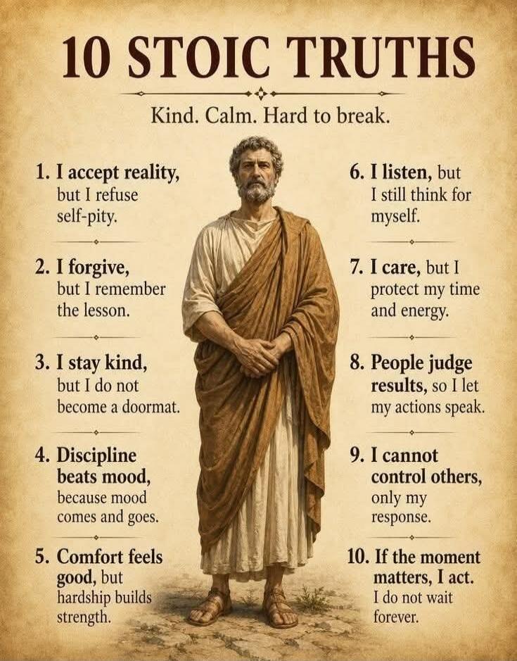 10 STOIC TRUTHS. Kind. Calm. Hard to break. 1. I accept reality, but I refuse self-pity. 2. I forgive, but I remember the lesson. 3. I stay kind, but I do not become a doormat. 4. Discipline beats mood, because mood comes and goes. 5. Comfort feels good, but hardship builds strength. 6. I listen, but I still think for myself. 7. I care, but I prote